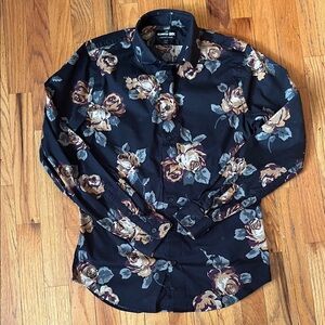 Express Men's Black Floral Button-Down Shirt with Cream and Gray Roses